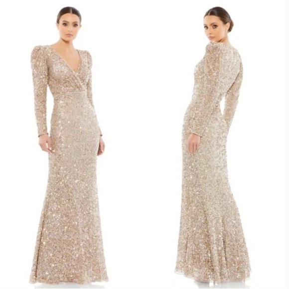 NWT Mac Duggal Puff Shoulder Long Sleeves Gold Sequined Surplice Gown sz 8 - Picture 1 of 8